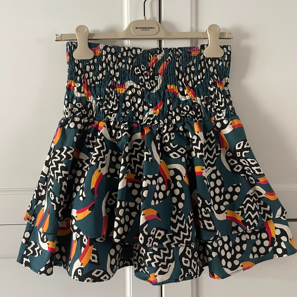 Farm Rio for Anthropologie Toucan Leopard Smocked Tiered Mini Skirt Teal Small